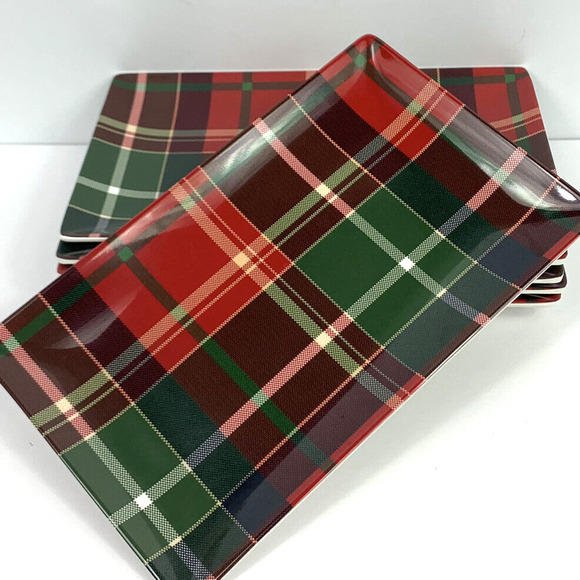 TOMMY BAHAMA Red Tartan Plaid Christmas Melamine Appetizer Snack Plate Set of 6 - Picture 1 of 7